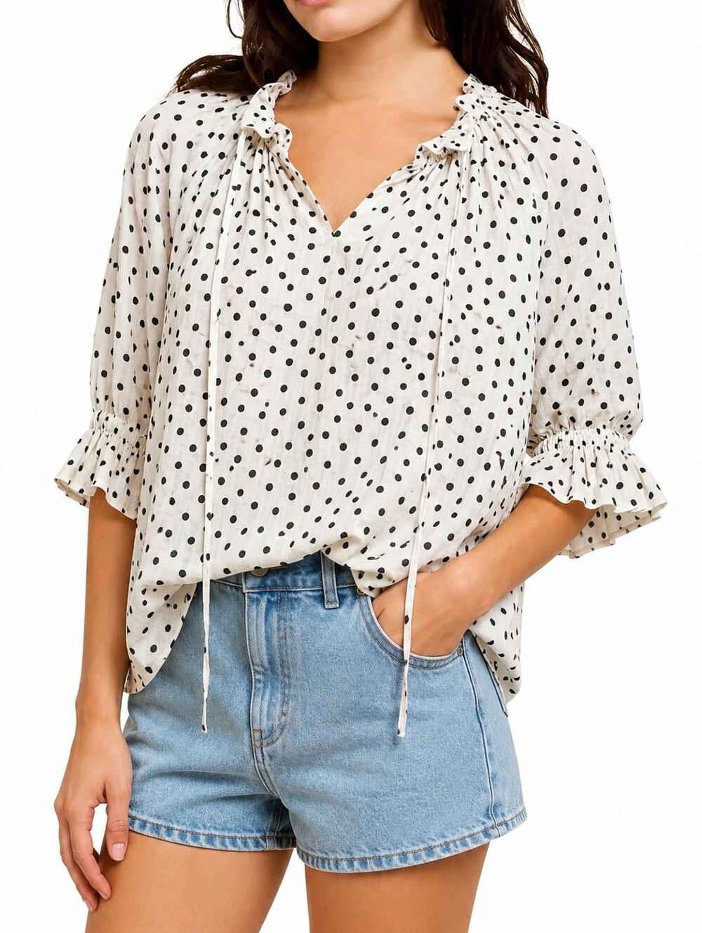 Who What Wear White Black Dalmatian Spot Ruffle Blouse Size L